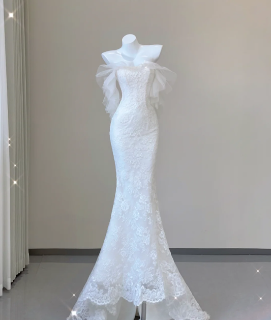 Unique Mermaid Strapless White Lace Long Wedding Dresses Brides Dress P0026