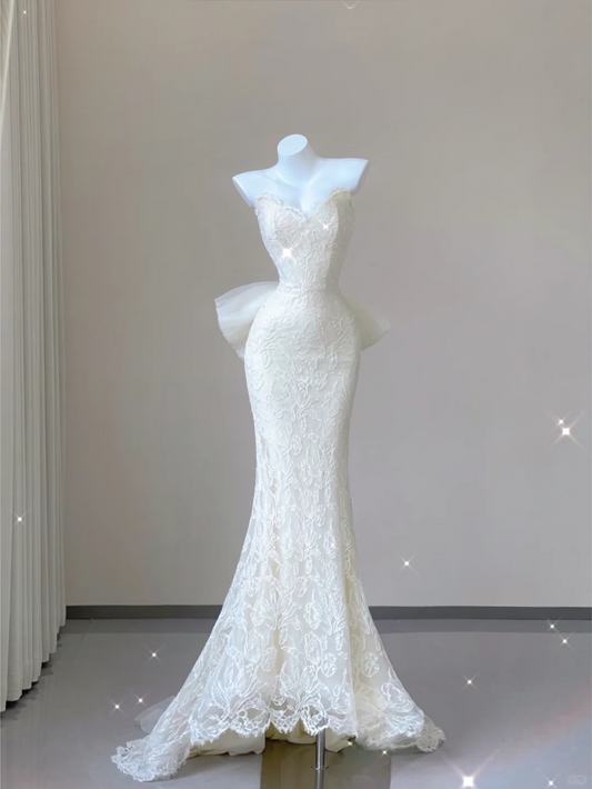 Unique Mermaid Sweetheart White Lace Long Wedding Dresses Brides Dress P0028