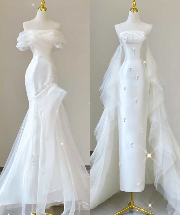 Unique Mermaid Off The Shoulder White Tulle Sweep Train Wedding Dresses Brides Dress P0029