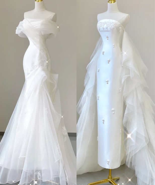 Unique Mermaid Off The Shoulder White Tulle Sweep Train Wedding Dresses Brides Dress P0029