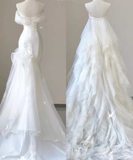 Unique Mermaid Off The Shoulder White Tulle Sweep Train Wedding Dresses Brides Dress P0029