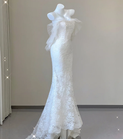 Unique Mermaid Sweetheart White Lace Long Wedding Dresses Brides Dress P0031