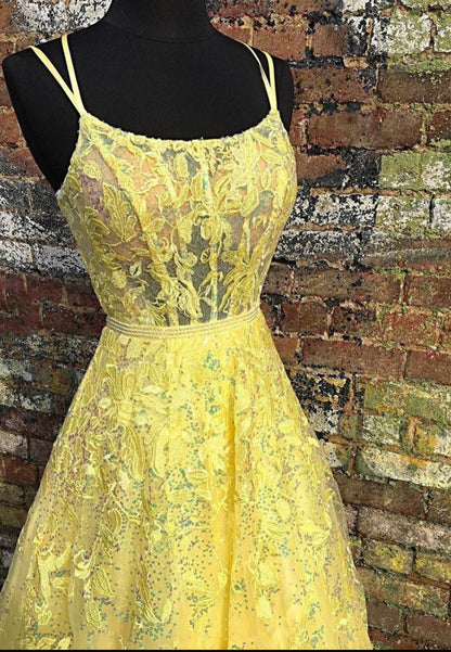 Yellow tulle lace long prom dress evening dress P01026