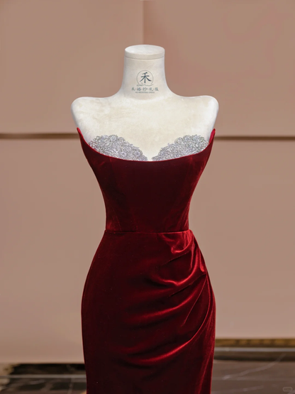 Burgundy Mermaid Strapless Beaded Velvet Long Prom Dress Party Dress SH4368