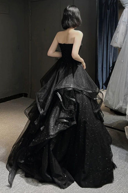 Vintage A line Strapless Sleeveless Long Black Prom Dress P1198