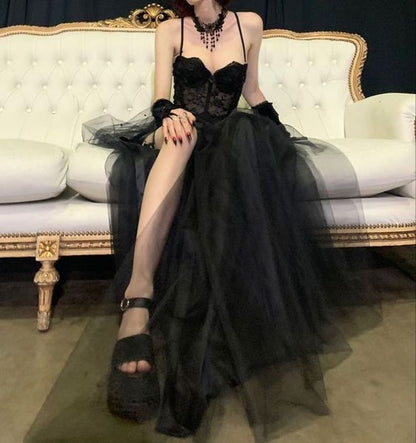 Modest A line Straps Black Lace Prom Dresses P1230