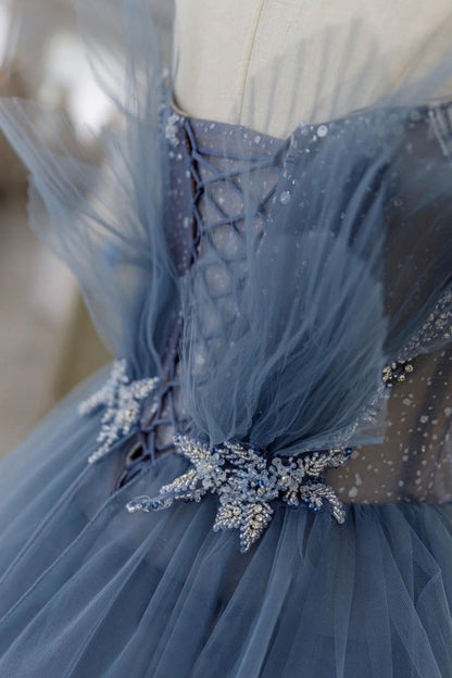 Vintage Blue Tulle Beaded Long Senior Prom Dress A-Line Blue Formal Dress P1307