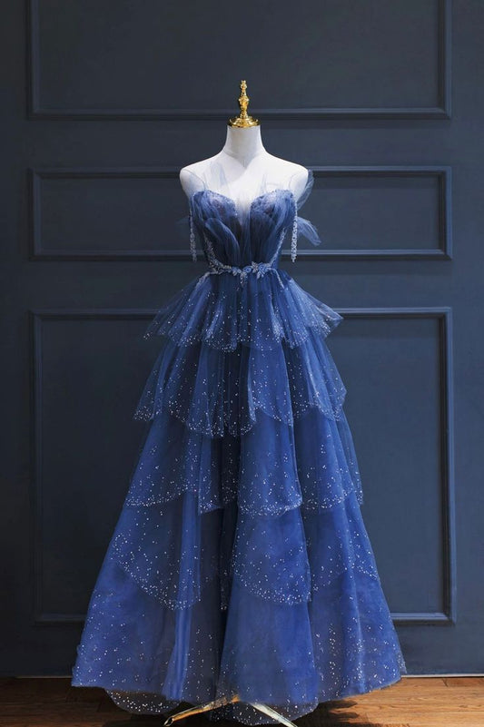 Vintage A-Line Blue Tulle Beaded Long Senior Prom Dress Formal Dress P1308