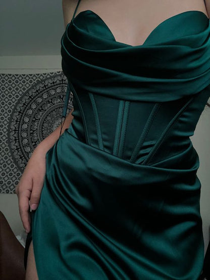 Simple Mermaid Floor Length Dark Green Prom Dresses With Slit P1471