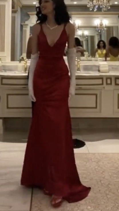 Sexy Mermaid Straps Floor Length Red Prom Dresses P1479