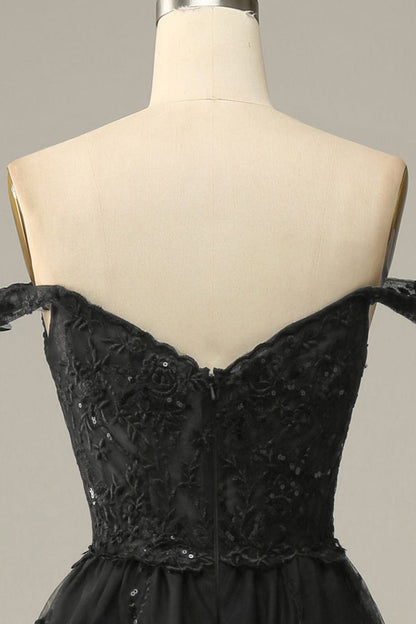 A line Off Shoulder Black Lace Long Prom Dress With High Slit P1513
