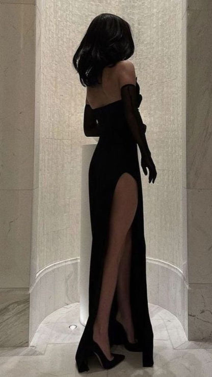 Sexy Sheath Strapless Long Black Prom Dress With Slit P1566
