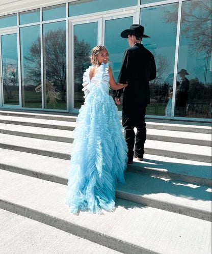 Sky Blue New Style Long Prom Dress Puffy Sleeveless Party Dresses P1593
