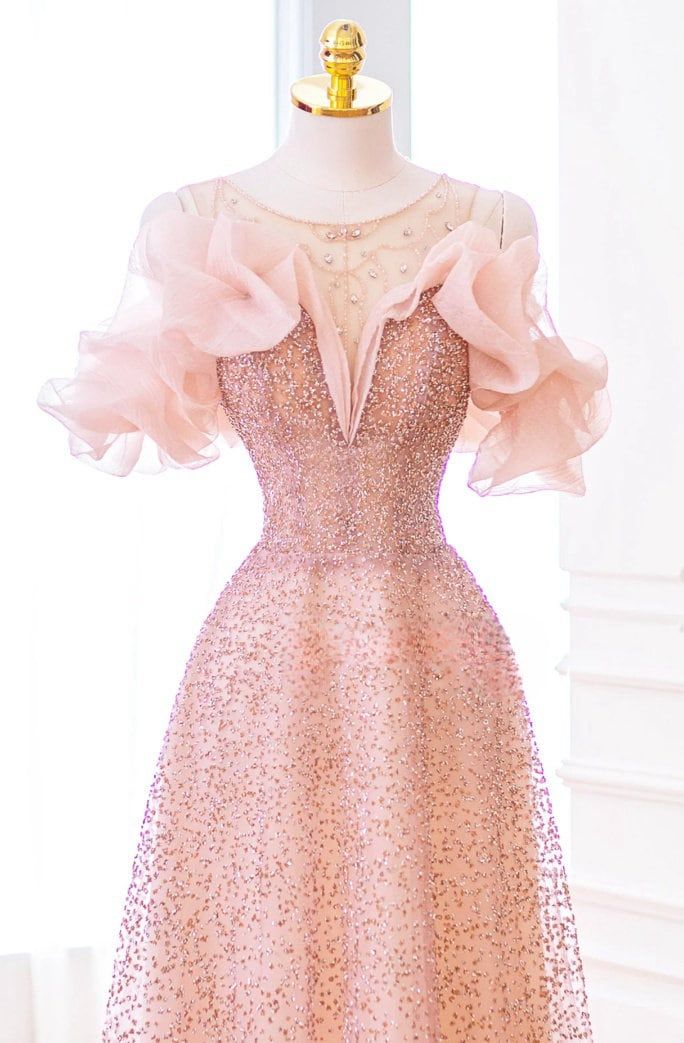 Luxurious A Line Off The Shoulder Pink Tulle Long Prom Dress P1719