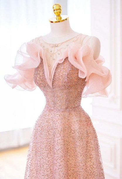 Luxurious A Line Off The Shoulder Pink Tulle Long Prom Dress P1719