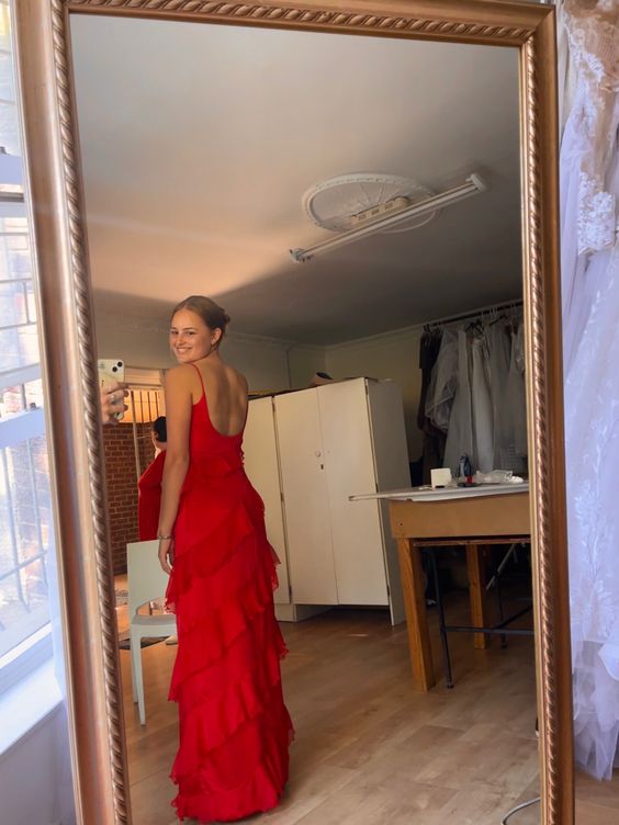 Sexy Sheath Straps Red Long Chiffon Prom Dress P1746