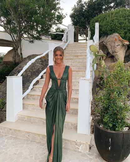 Sexy Sheath V neckline Green Long Prom Dresses P1768