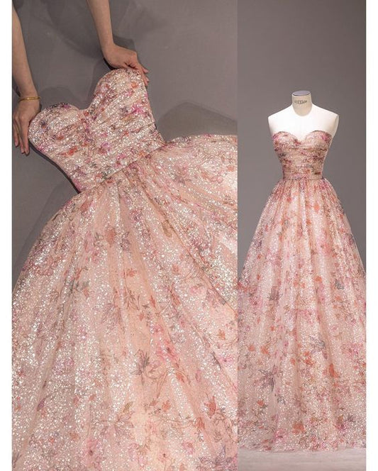 Fairy A line Strapless Pink Sequin Long Prom Dresses Evening Dress P1952