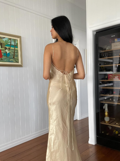 Simple Sheath Spaghetti Strap Satin Open Back Evening Dress Party Dress SH2688
