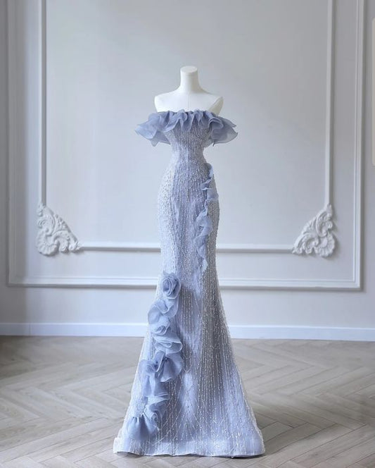 Mermaid Strapless Blue Sequin Prom Dresses Evening Dress P2038