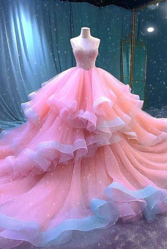 Ball Gown Straps Pink Organza Sweet 16 Dresses P2049