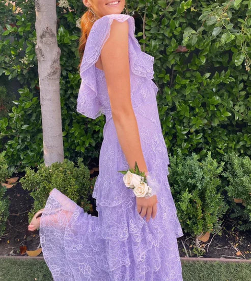 Lilac Lace Long prom Dress Party Dress 21th Birthday Outfits P2109