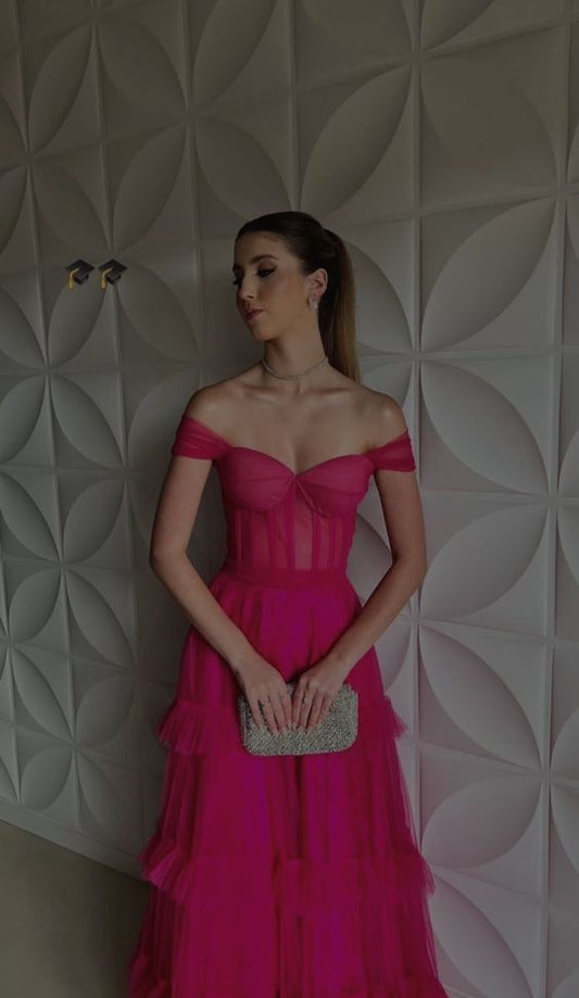 Sexy A line Long Hot Pink Tulle Prom Dress Party Dress 22th Birthday Outfits P2115