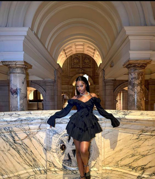 Sexy A line Off The Shoulder Long Sleeves Black Short Homecoming Dress P2245
