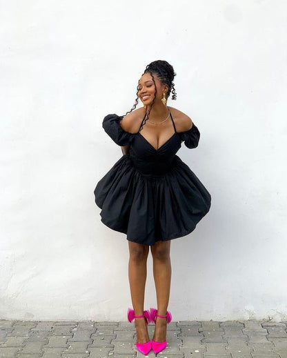 Sexy A line Off The Shoulder Short Sleeves Black Short Homecoming Dress P2247