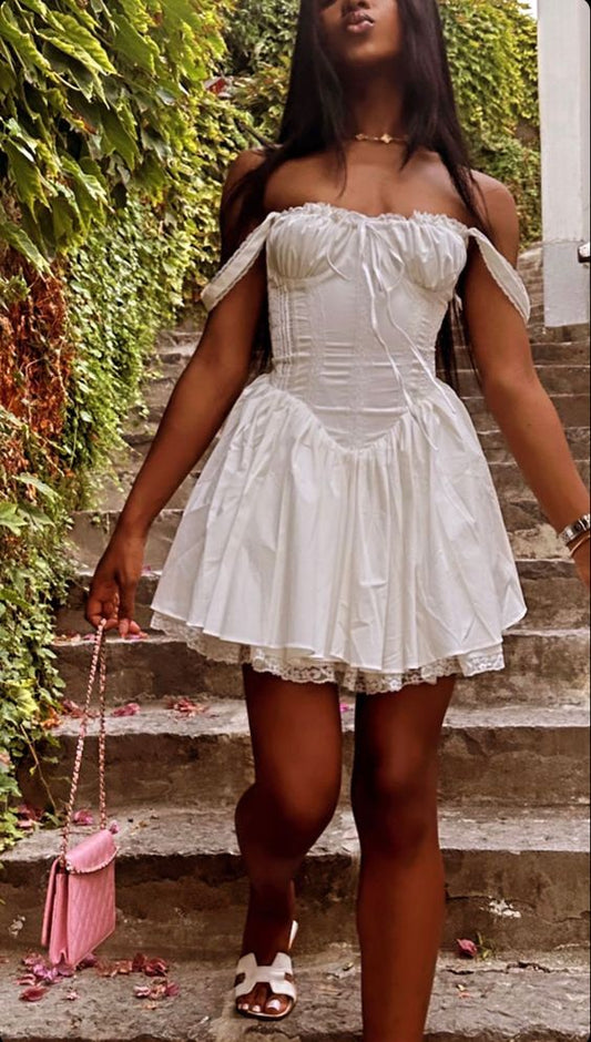 Sexy A line Off The Shoulder White Lace Short Homecoming Dress P2249