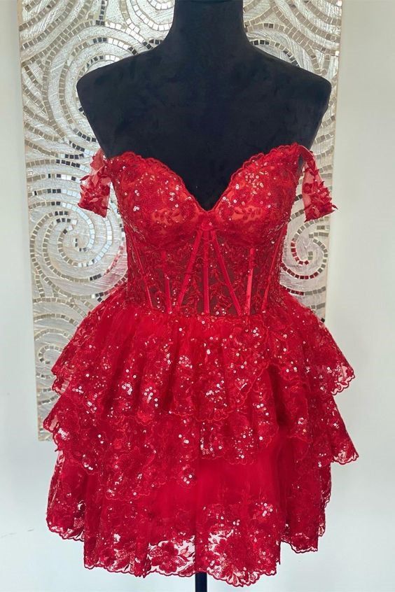 Off the Shoulder Sheer Corset Tiered Ruffles Homecoming Dress P2276