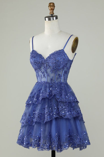 Sexy A Line Lace Short Navy Blue Homecoming Dress P2277