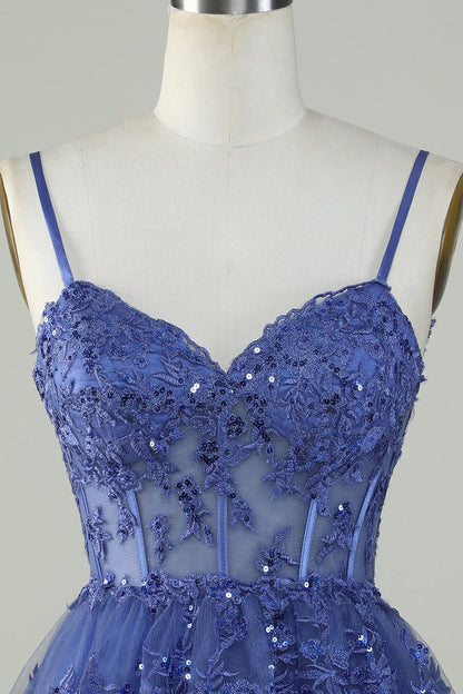 Sexy A Line Lace Short Navy Blue Homecoming Dress P2277