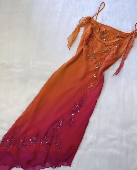 Pretty A Line Spaghetti Straps Chiffon Prom Dresses With Beads Evening Gowns P2306
