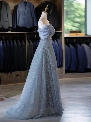 Modest Ball Gown Off The Shoulder Sequin Long Party Dress Gray Prom Dress P2325