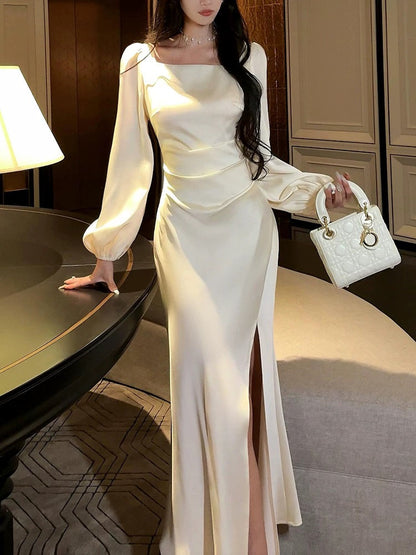 Classy Mermaid Square Neckline Long Sleeves Slit Prom Dresses Evening Gowns P2348