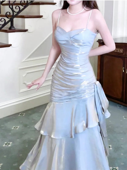 Modest Mermaid Spaghetti Straps Long Prom Dresses Birthday Party Dress Evening Gowns P2356