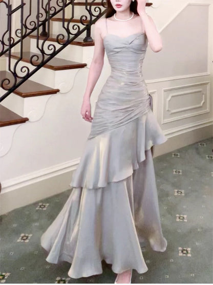 Modest Mermaid Spaghetti Straps Long Prom Dresses Birthday Party Dress Evening Gowns P2356