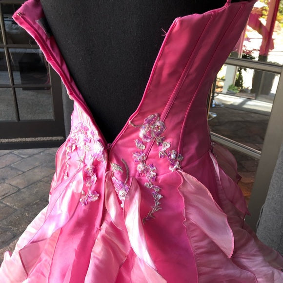 Chic Ball Gown Spaghetti Straps Pink Satin Evening Dress Long Prom Dresses With Embroidered P2361