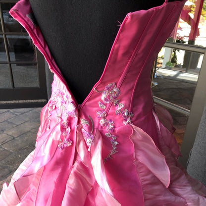 Chic Ball Gown Spaghetti Straps Pink Satin Evening Dress Long Prom Dresses With Embroidered P2361