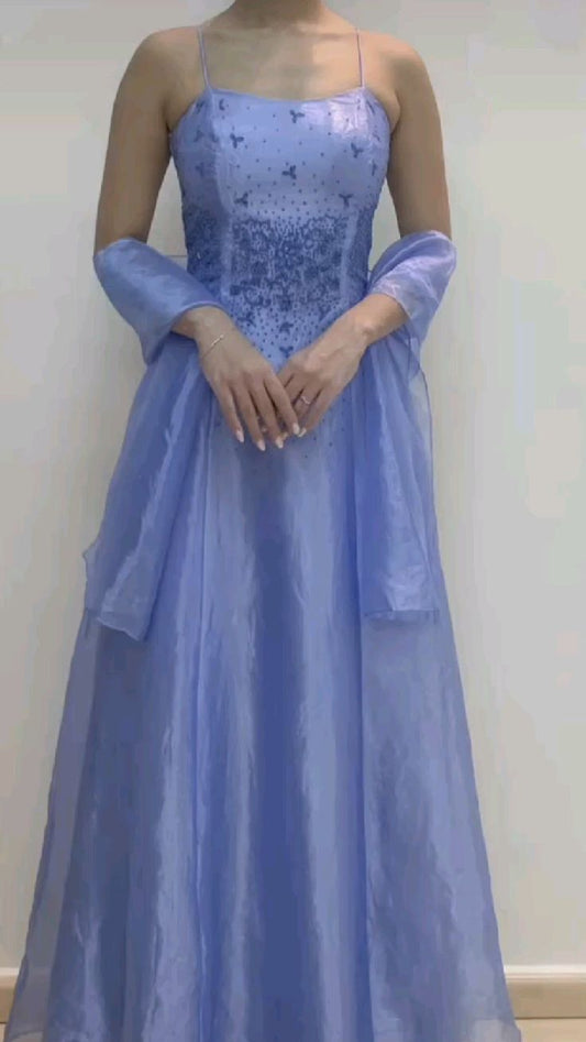 Chic A line Spaghetti Straps Blue Organza Evening Dress Long Prom Dresses P2364