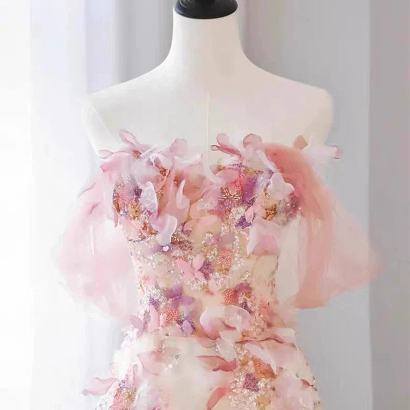 Elegant A Line Off-the-shoulder Floral Pink Tulle Prom Dresses SH1645