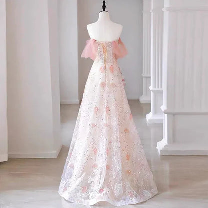 Elegant A Line Off-the-shoulder Floral Pink Tulle Prom Dresses SH1645