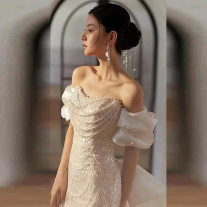 Sexy Mermaid Off The Shoulder Cap Sleeves Sequin Floor Length Pearls Prom Dresses P2398