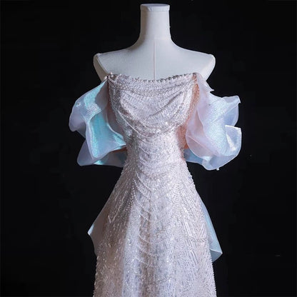 Modest A line Off The Shoulder Pink Sequin Long Floor Length Pearls Prom Dresses P2404