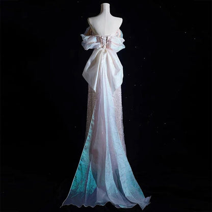Modest A line Off The Shoulder Pink Sequin Long Floor Length Pearls Prom Dresses P2404