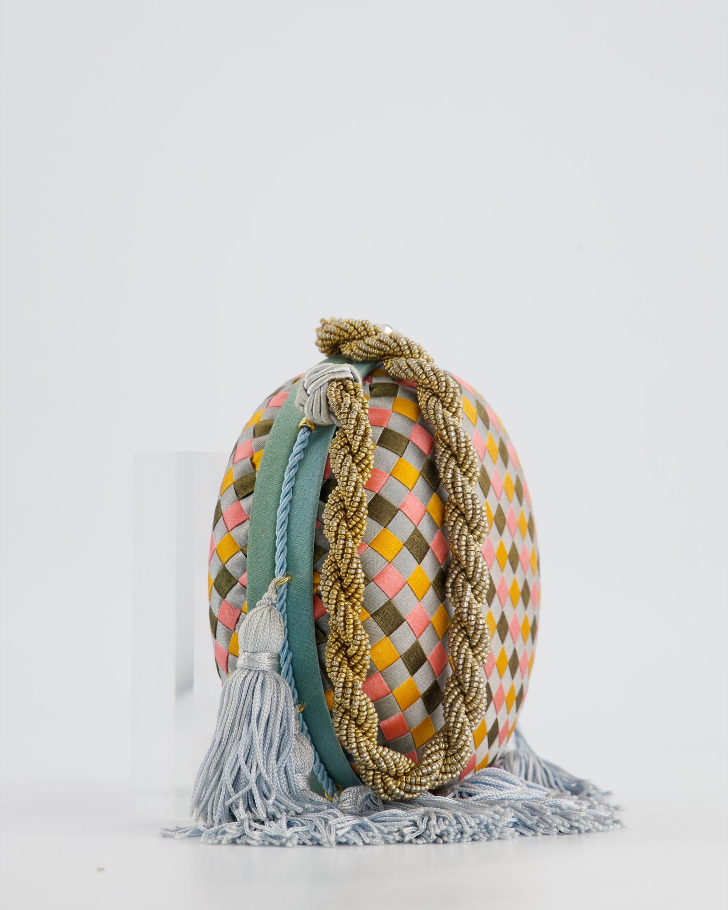 Bottega Veneta Blue and Orange Intrecciato Woven Circular Bag with Gold Strap and Blue Tassels