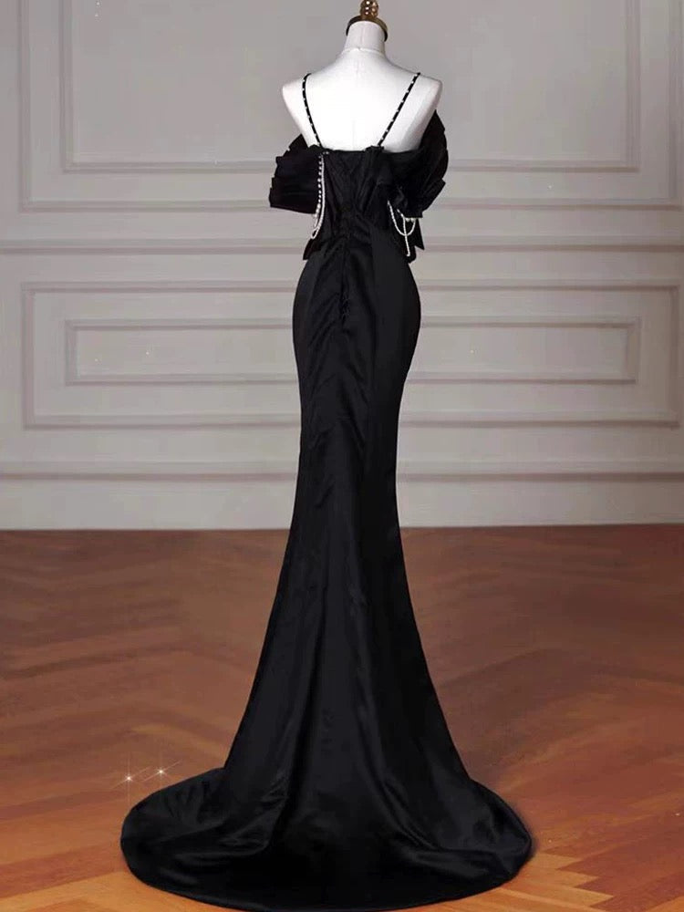 Sexy Mermaid Spaghetti Straps Black Long Formal Dress Satin Prom Dress P2461