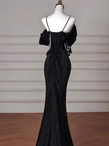 Sexy Mermaid Spaghetti Straps Black Long Formal Dress Satin Prom Dress P2461