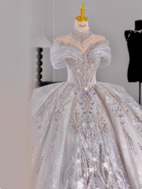 White princess French style high-end texture heavy luxury floor-length wedding dress P2485